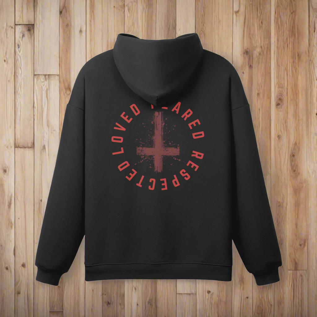One Down – Loved Feared Respected black hoodie with front logo and distressed back graphic, available at Under the Scene.