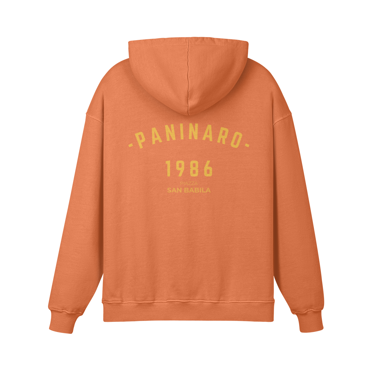 Paninaro 1986 Oversized Hoodie in Copper Red with bold retro typography, inspired by terrace culture.
