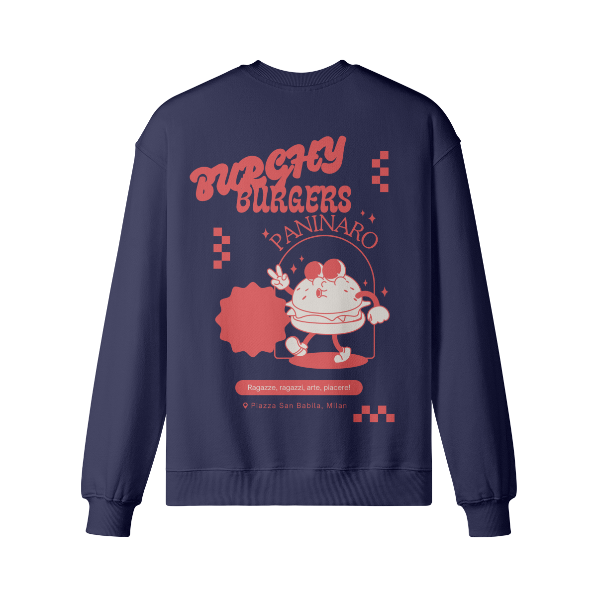 Burchy Burgers Sweatshirt in soft pink with retro-inspired back print and terrace culture flair.