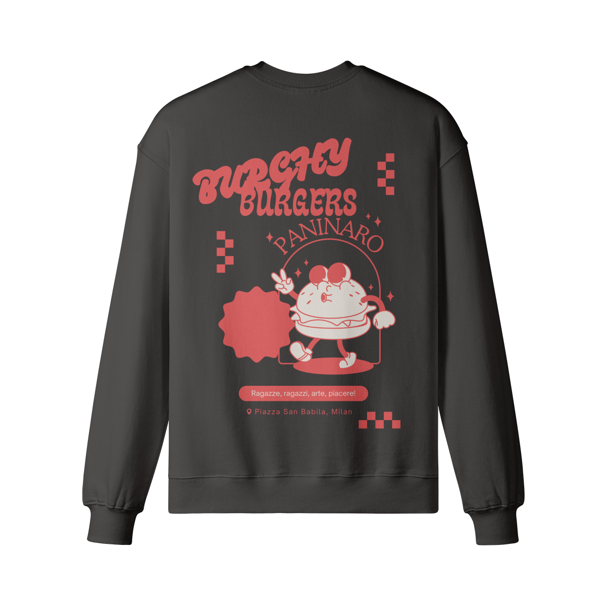 Burchy Burgers Sweatshirt in soft pink with retro-inspired back print and terrace culture flair.