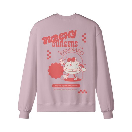 Burchy Burgers Sweatshirt in soft pink with retro-inspired back print and terrace culture flair.