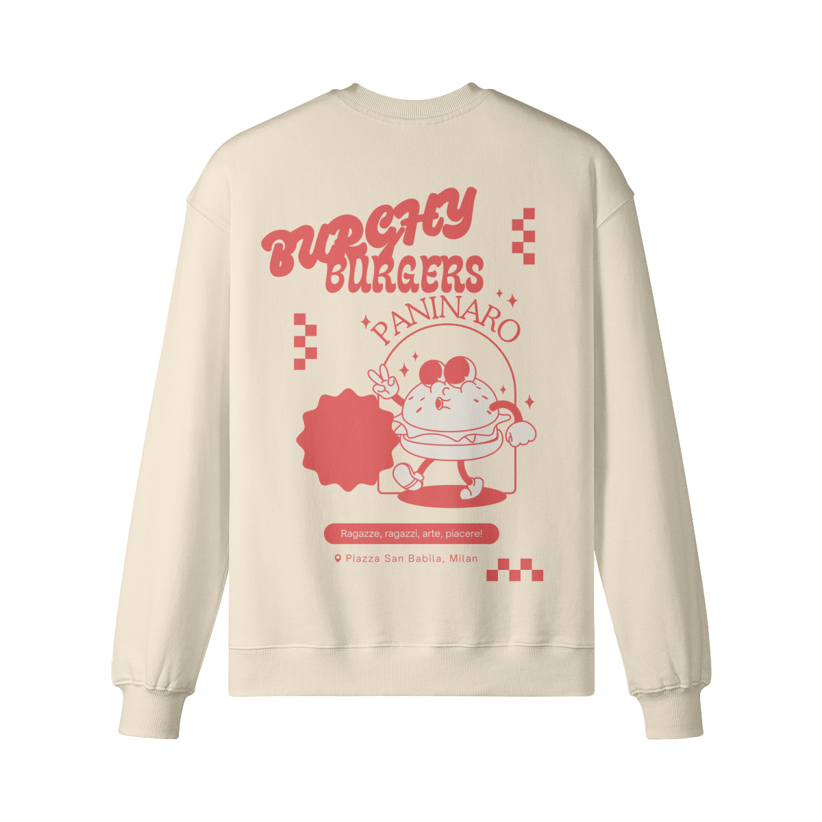 Burchy Burgers Sweatshirt in soft pink with retro-inspired back print and terrace culture flair.