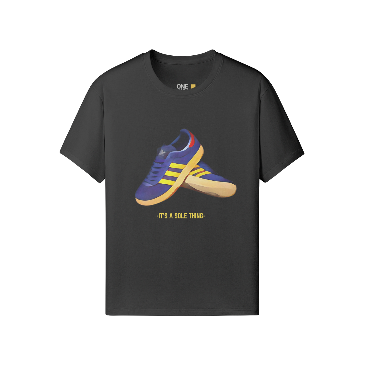 It’s a Sole Thing Tee in white by One Down Clothing, featuring a vibrant sneaker graphic on the front and subtle text detail on the back.