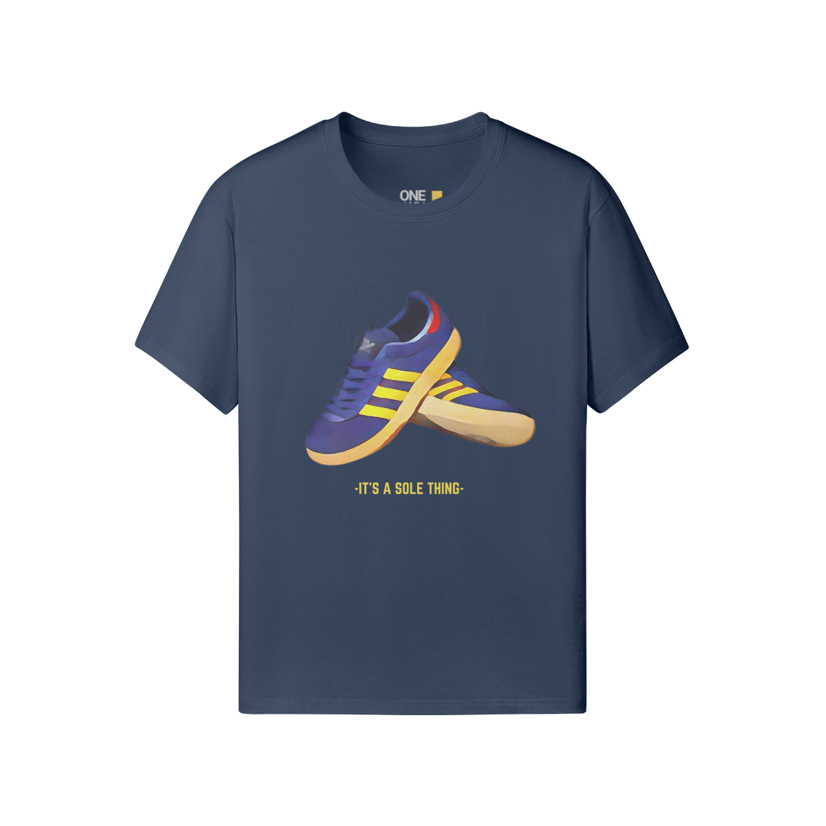 It’s a Sole Thing Tee in white by One Down Clothing, featuring a vibrant sneaker graphic on the front and subtle text detail on the back.