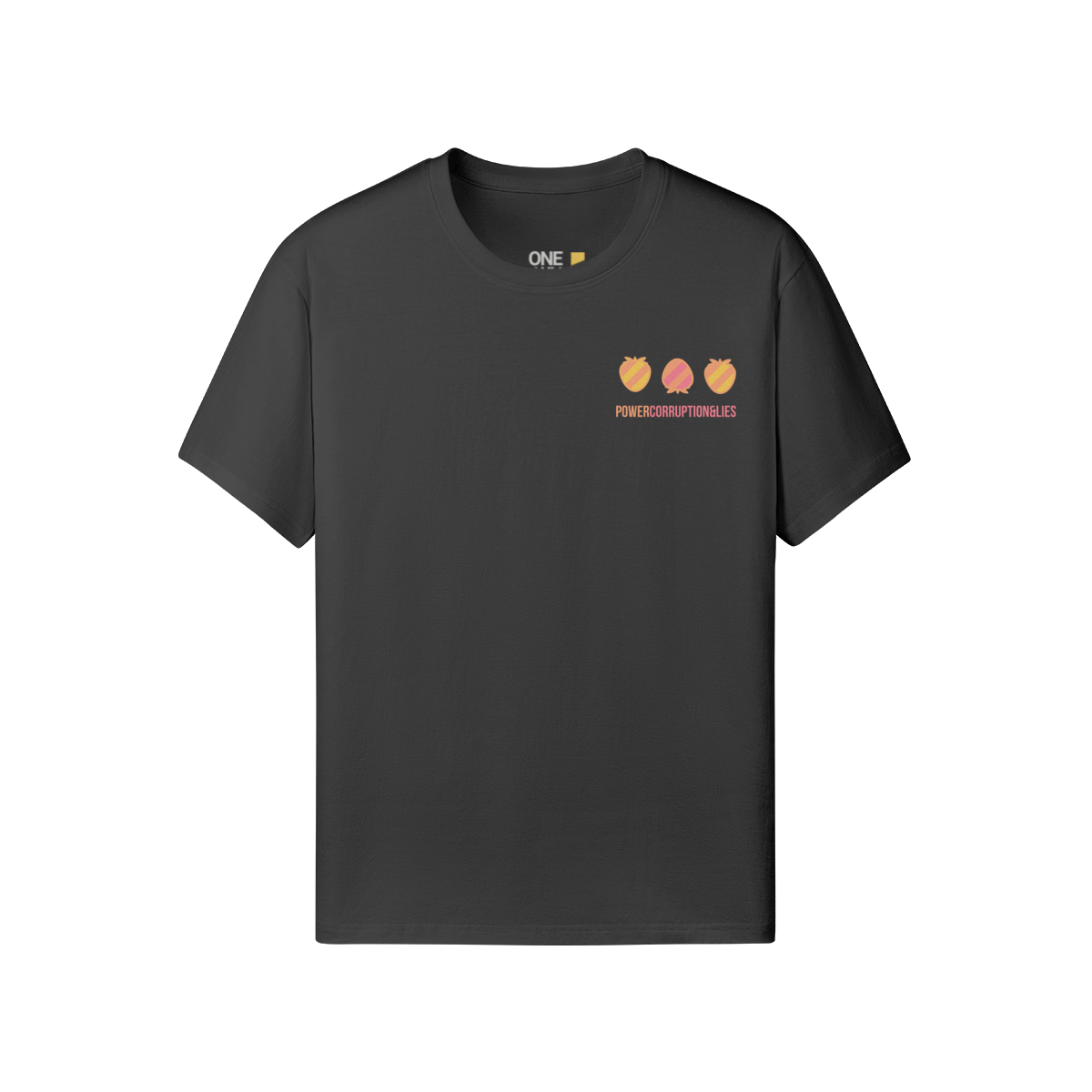 Factory Strawberry T-shirt with minimalist strawberry graphics inspired by Factory Records and New Order.