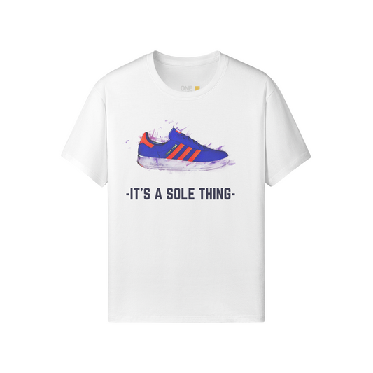 White t-shirt with blue and red trainer graphic and "It’s A Sole Thing"