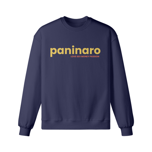 Navy sweatshirt with bold yellow “Paninaro” text and “Love Sex Money Passion” tagline.