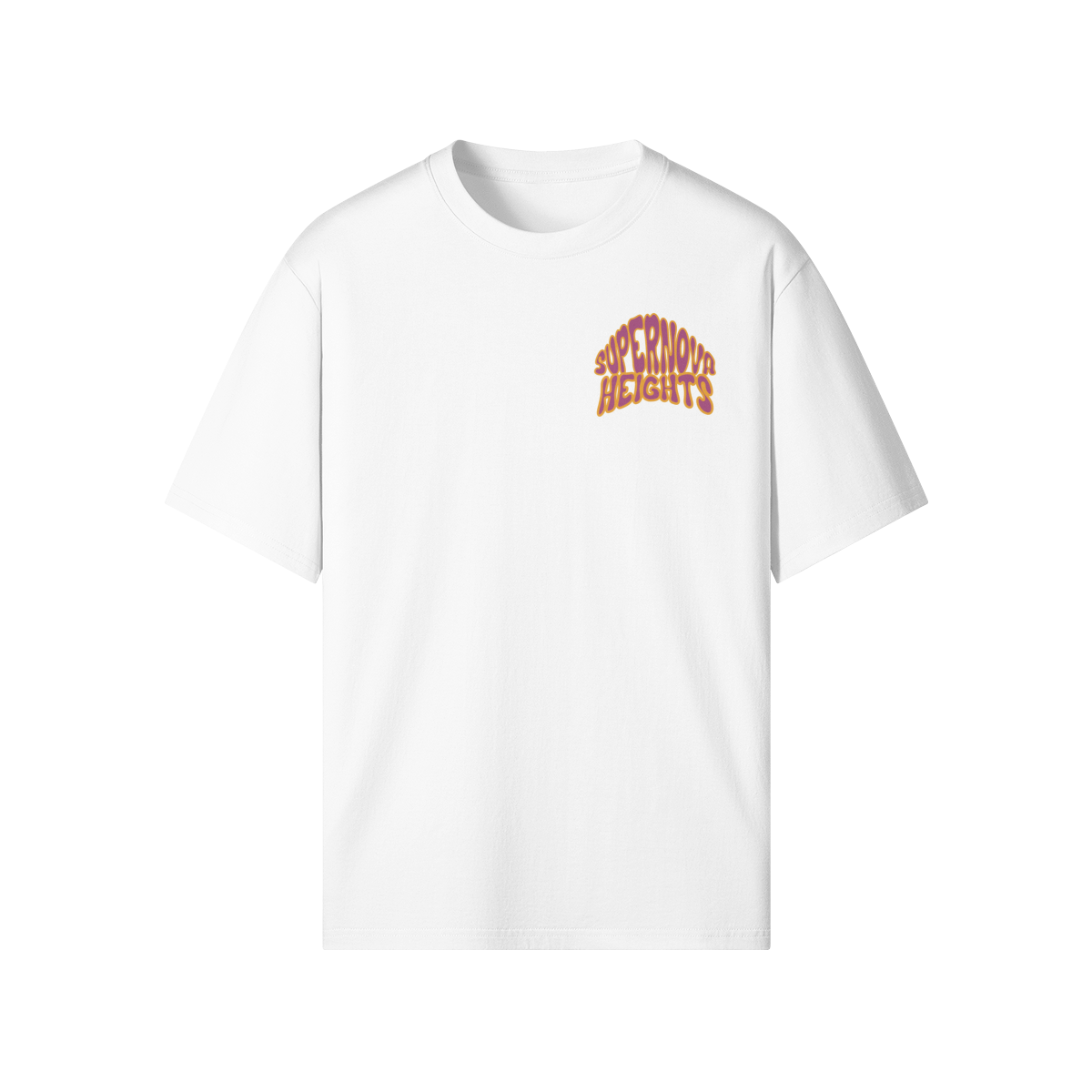 White organic cotton t-shirt featuring a small chest print that reads “Supernova Heights” in a wavy, Britpop-style font. Inspired by ‘90s culture and terrace style. Also available in beige and pink.