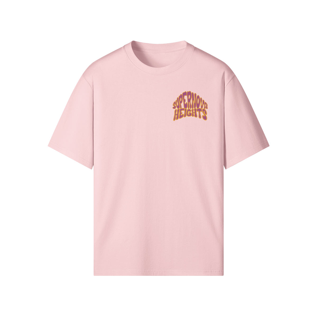 White organic cotton t-shirt featuring a small chest print that reads “Supernova Heights” in a wavy, Britpop-style font. Inspired by ‘90s culture and terrace style. Also available in beige and pink.