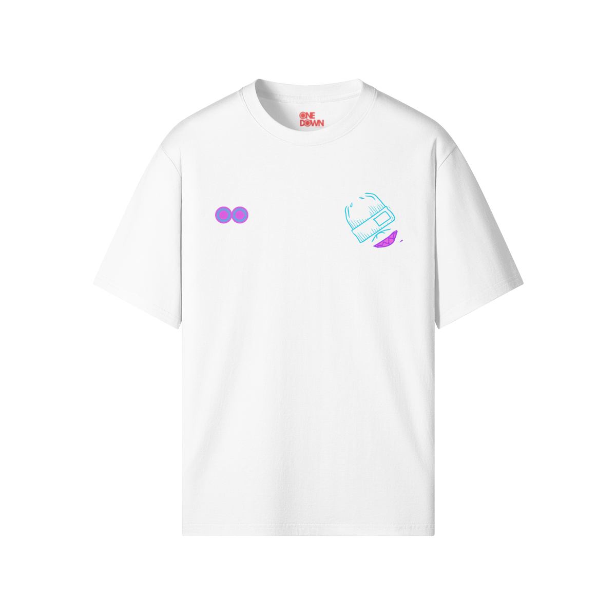 Front and back of white and black t-shirts featuring neon-style face artwork, twin sole logos on the chest, and One Down branding at the hem. Heavyweight organic cotton. Part of the Afterlight release.