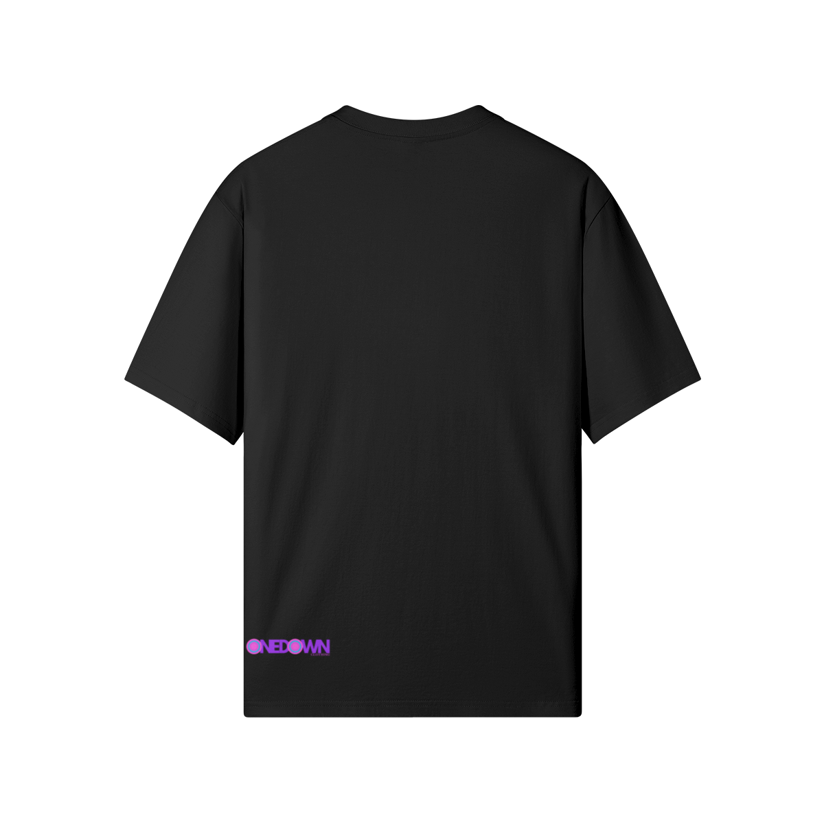 Front and back of white and black t-shirts featuring neon-style face artwork, twin sole logos on the chest, and One Down branding at the hem. Heavyweight organic cotton. Part of the Afterlight release.