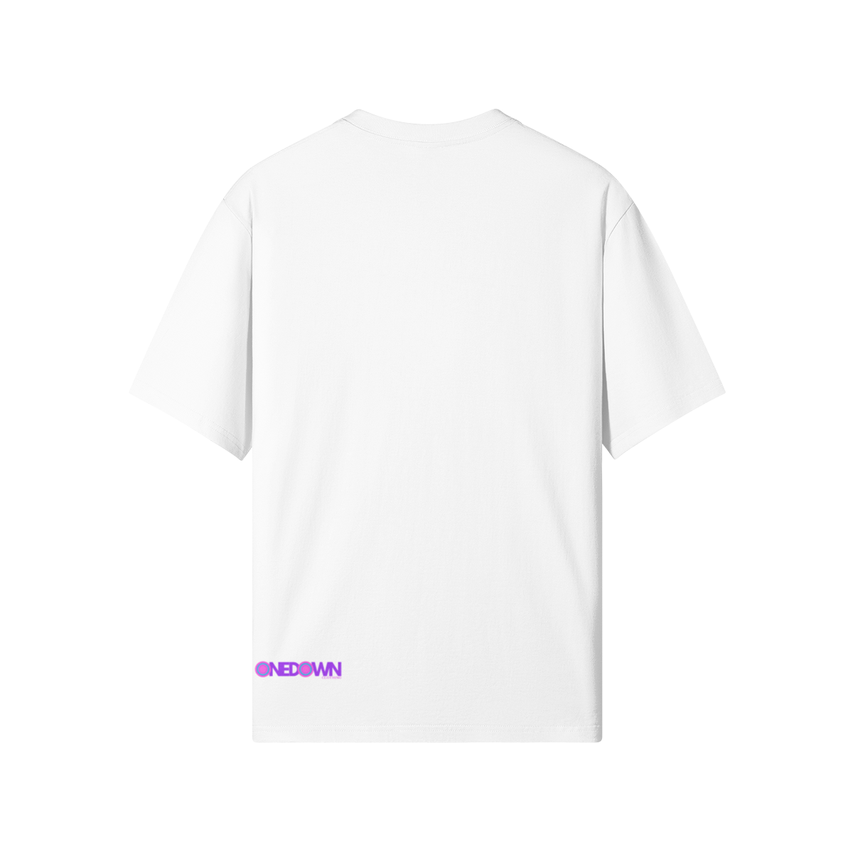 Front and back of white and black t-shirts featuring neon-style face artwork, twin sole logos on the chest, and One Down branding at the hem. Heavyweight organic cotton. Part of the Afterlight release.