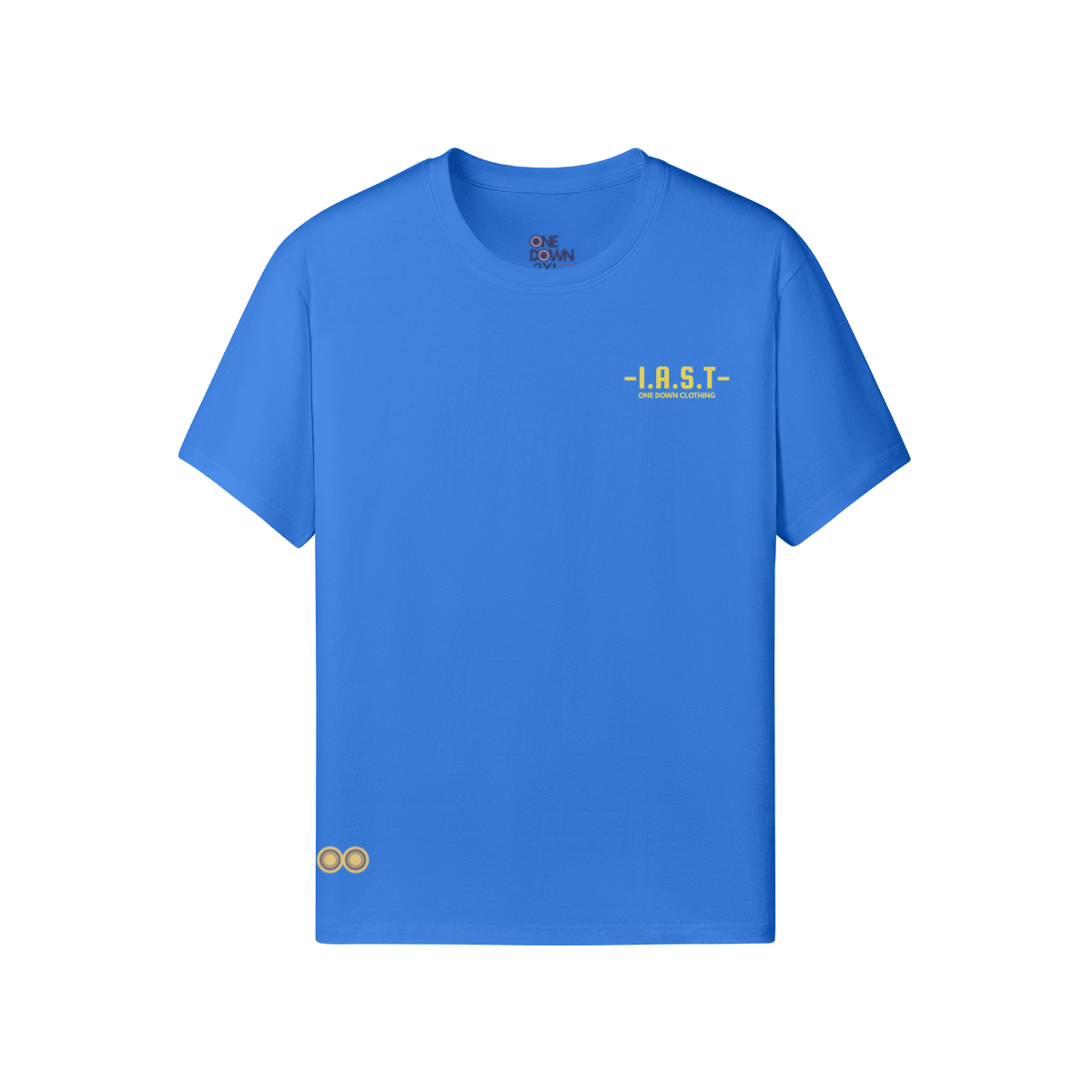 Sky blue t-shirt with “These Colours Don’t Run” in yellow on the back and I.A.S.T print on front chest. Part of One Down Clothing’s It’s a Sole Thing collection.