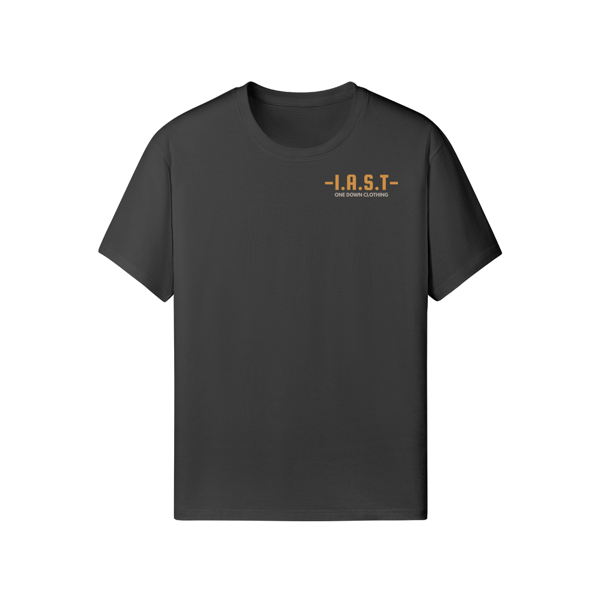 Charcoal tee with “These Colours Don’t Run – It’s a Sole Thing” in amber on the back and I.A.S.T – One Down Clothing on the chest. Part of the Sole Thing collection.