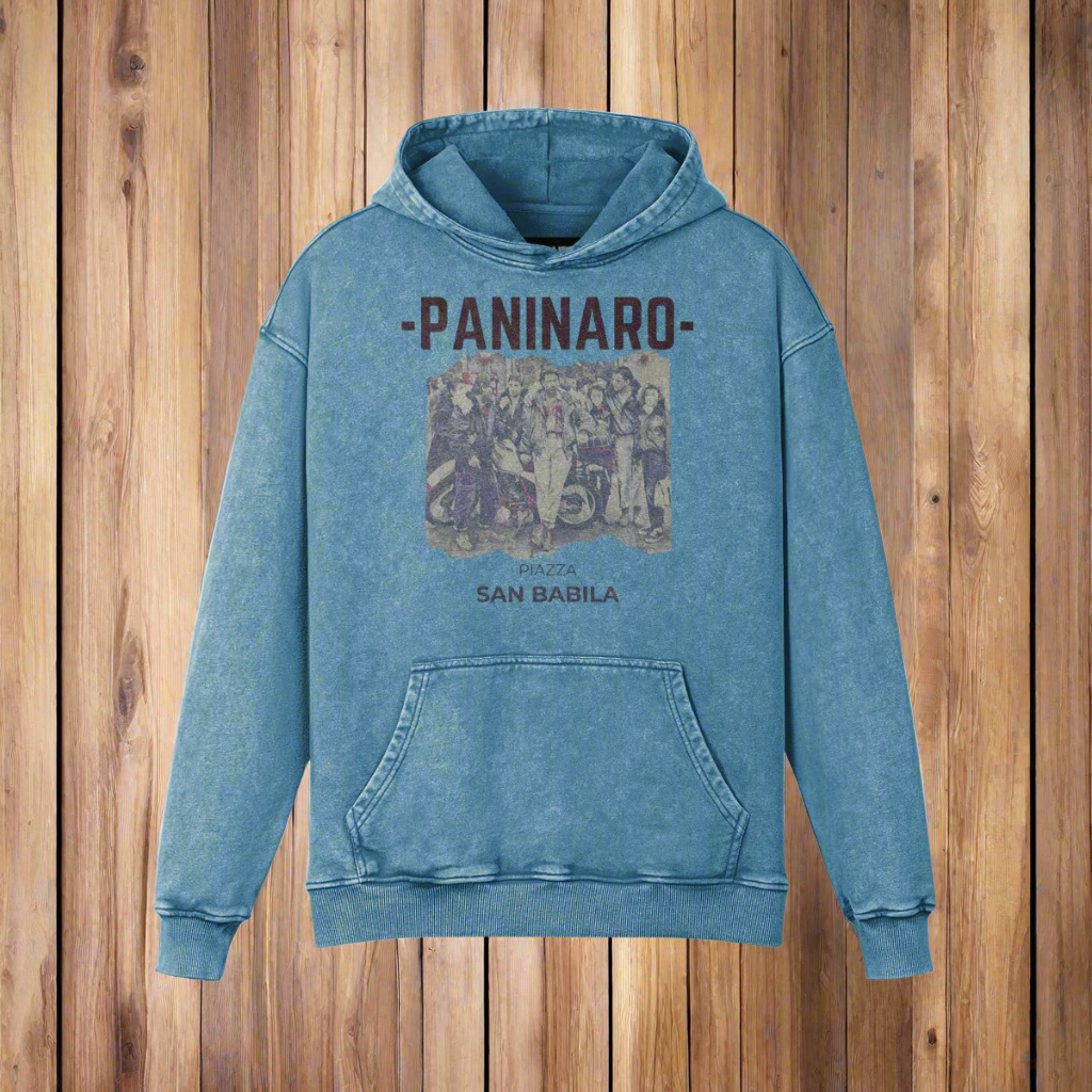 Piazza Paninaro Hoodie in stonewashed blue featuring vintage Paninaro graphic, available at Under the Scene