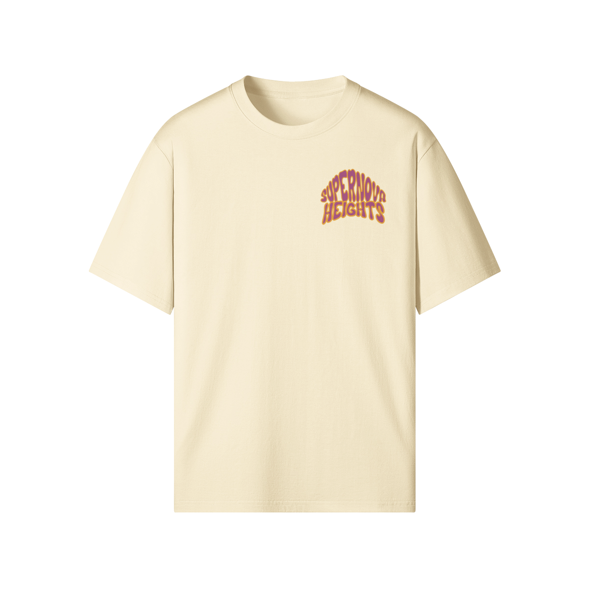 White organic cotton t-shirt featuring a small chest print that reads “Supernova Heights” in a wavy, Britpop-style font. Inspired by ‘90s culture and terrace style. Also available in beige and pink.
