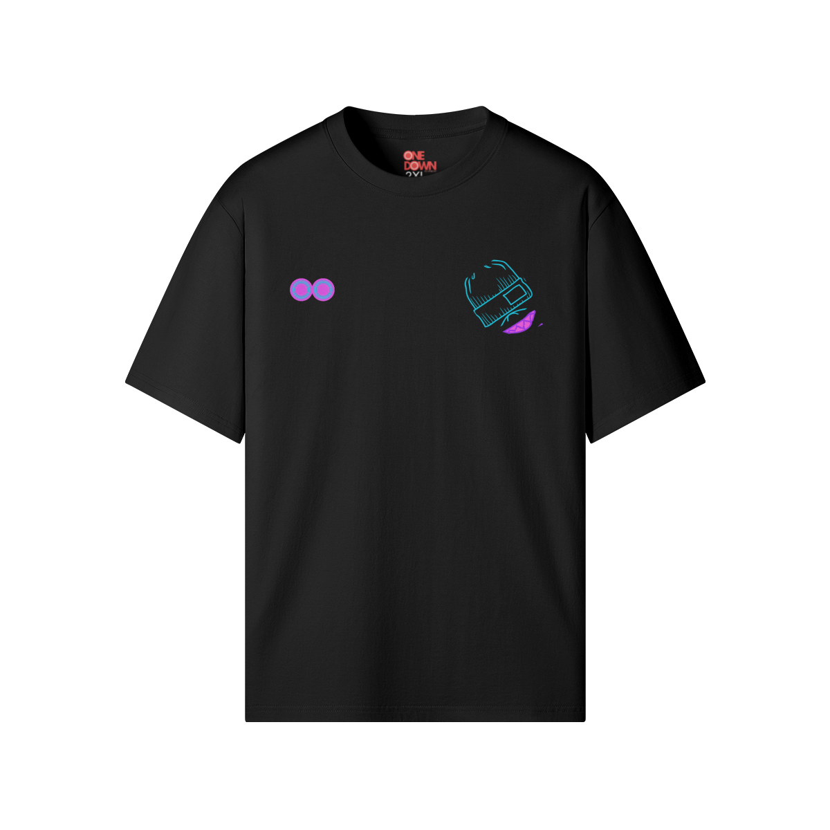 Front and back of white and black t-shirts featuring neon-style face artwork, twin sole logos on the chest, and One Down branding at the hem. Heavyweight organic cotton. Part of the Afterlight release.