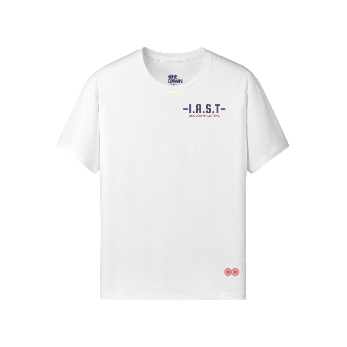 White t-shirt with navy and red print reading “These Colours Don’t Run – It’s a Sole Thing” on the back, and I.A.S.T – One Down Clothing on the front. Part of the Sole Thing collection.