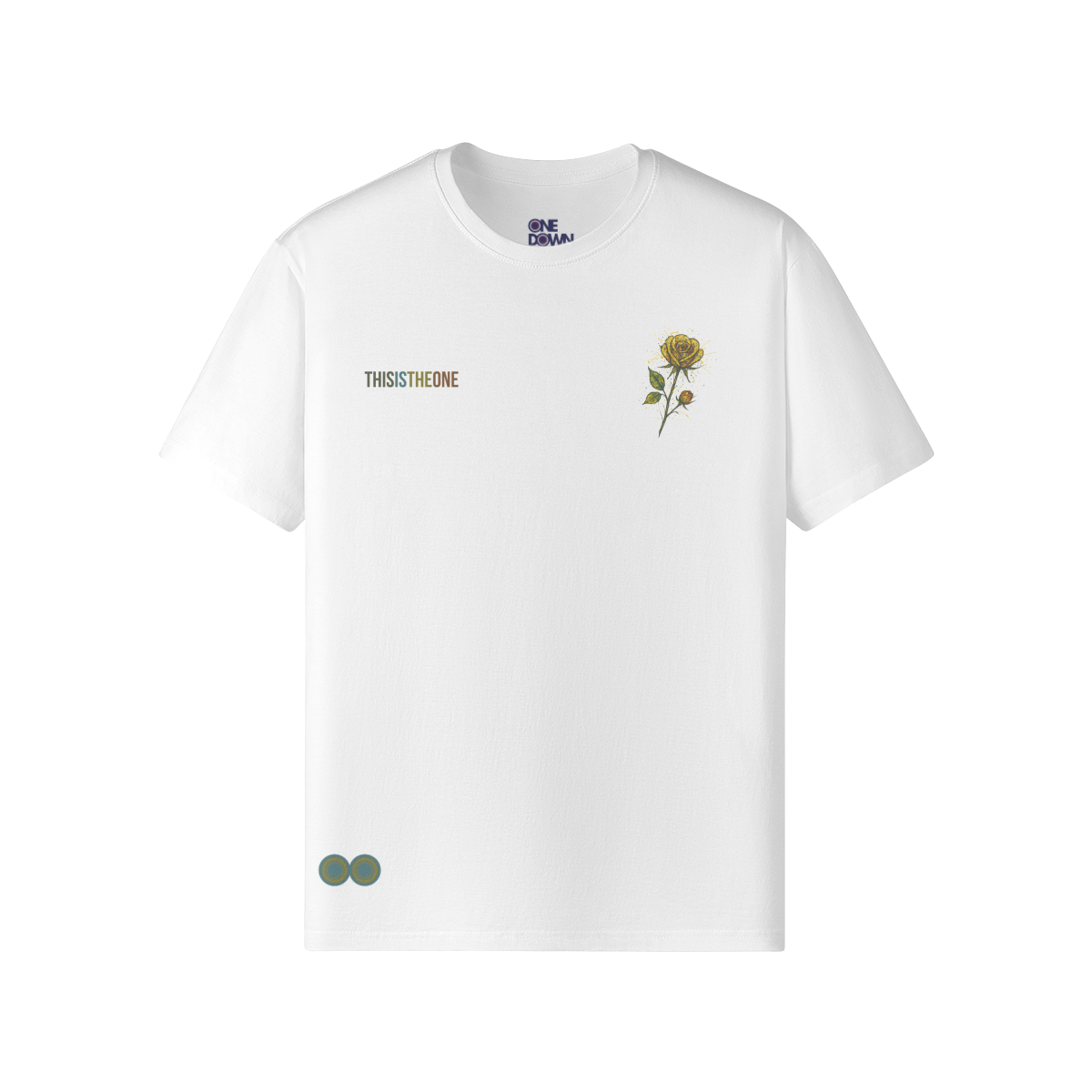 White t-shirt with Pollock-style abstract yellow rose on the chest and “THIS IS THE ONE” text. Designed by One Down Clothing.

